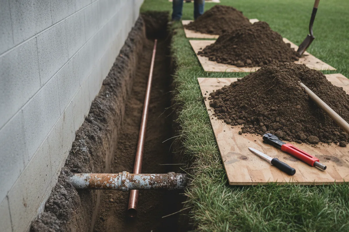 Excavated water line trench during Sewer Line Repair in Corral